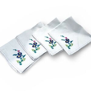 4 Vtg Napkins Needle Point Embroidered Purple Violets 15.5 X14.5